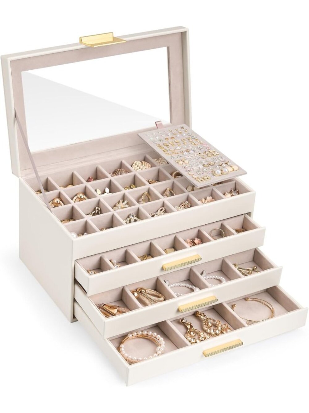 Large Earring Storage Box with Glass Top, 4-Tier Jewelry Organizer & Display